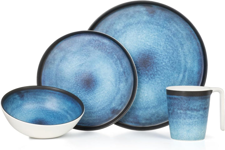 Melamin Camping Geschirr Set 4 Personen Deep Ocean + 16 Milano Gläser Wassergläser Weingläser Champa