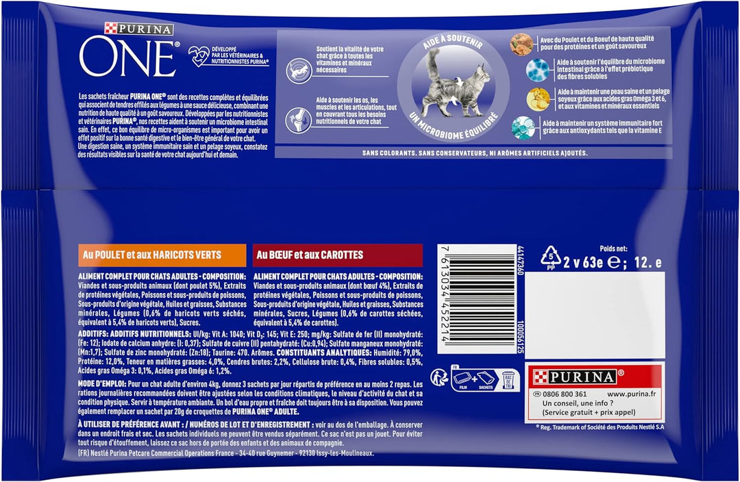 Purina One Schliff in Sauce, Mahlzeit für ausgewachsene Katzen, Hähnchen & Rind, 12 (4 x 85 g), Hähn