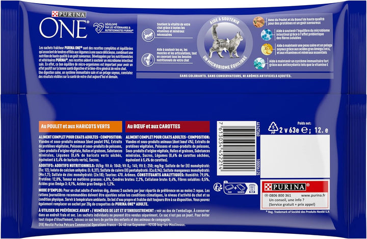 Purina One Schliff in Sauce, Mahlzeit für ausgewachsene Katzen, Hähnchen & Rind, 12 (4 x 85 g), Hähn