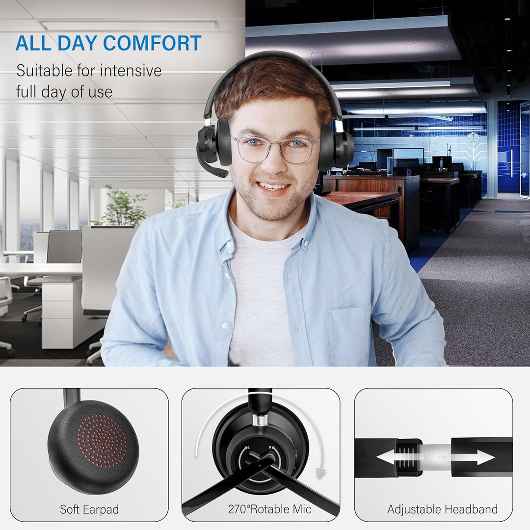 SUNITEC Bluetooth Headset mit Mikrofon: Noise Cancelling - USB Bluetooth Adapter - 45H Stunden Sprec