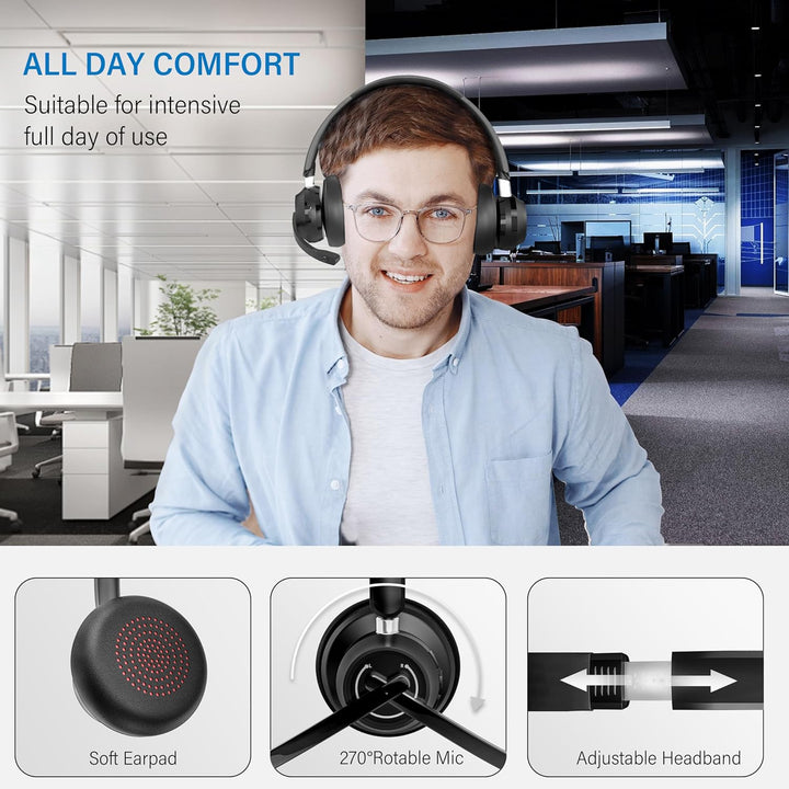 SUNITEC Bluetooth Headset mit Mikrofon: Noise Cancelling - USB Bluetooth Adapter - 45H Stunden Sprec