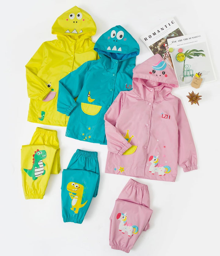LZH Jungen Regenmantel Kinder Wasserdichte Mit Kapuze Mädchen, Jacke Hosen Anzug Lightweight 2 Stück