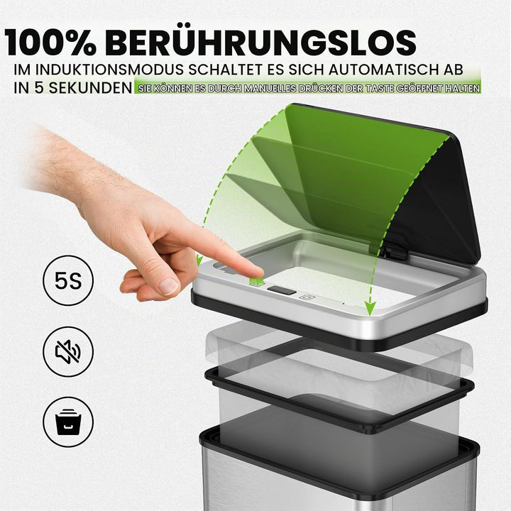 Gardtech 60 Liter Mülleimer Küche mit Sensor - Abfalleimer mit Bewegungssensor - Klemmring für Müllb