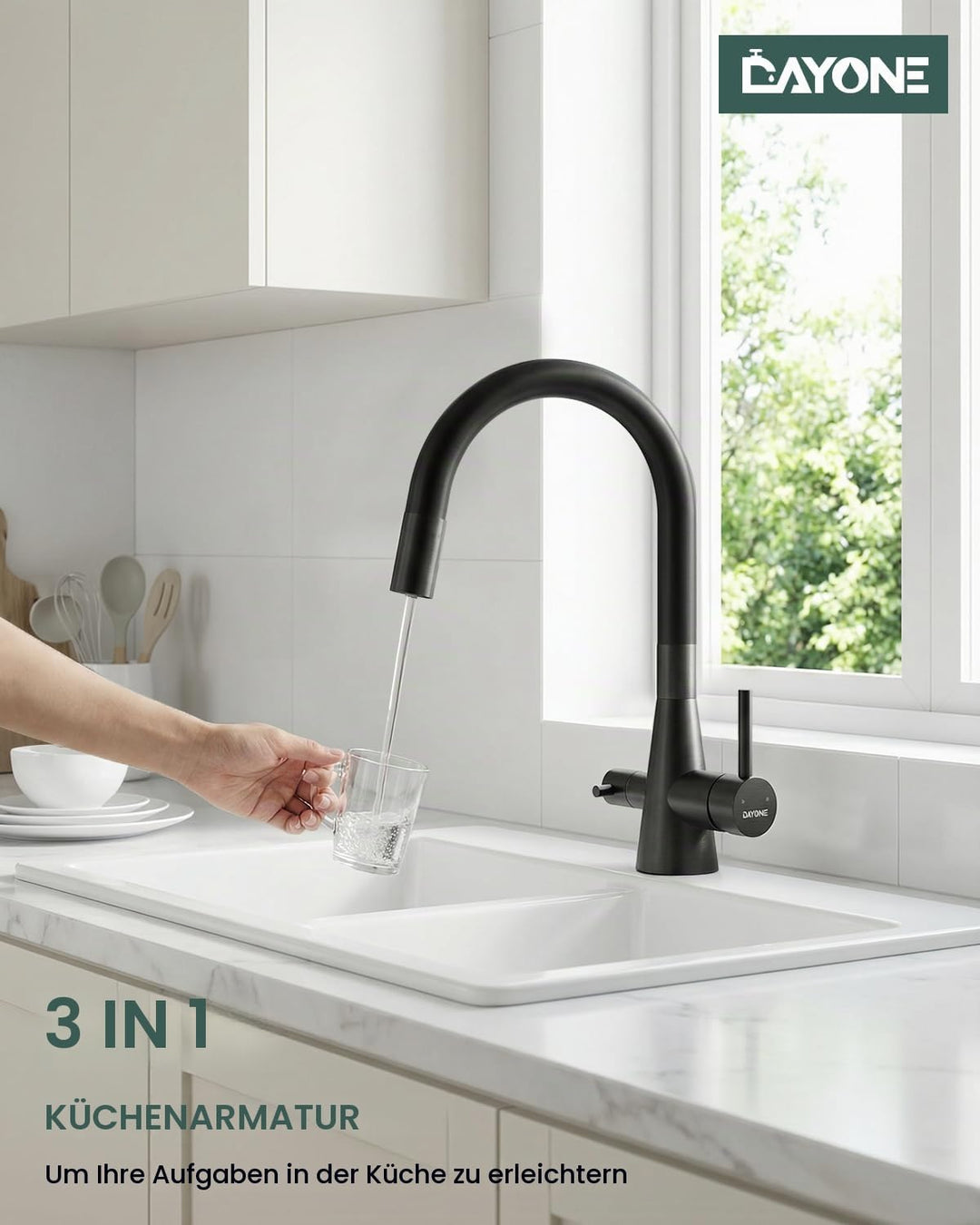 DAYONE 3 Wege Schwarz Wasserhahn Küche Flexibel, 3 in 1 Mischbatterie für Wasserfilter Osmose, 360°