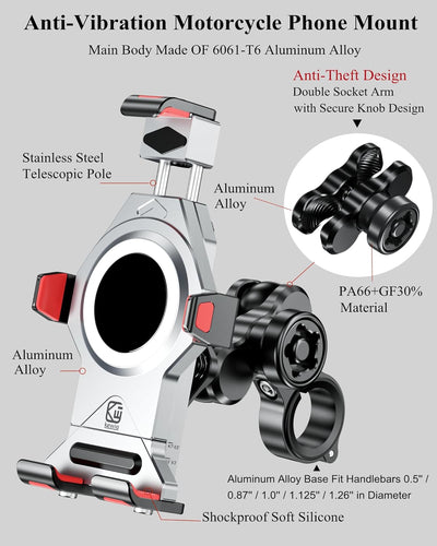 BRCOVAN Aluminiumlegierung Motorrad Handyhalterung mit Vibrationsdämpfer und Sicherheitsschalter, 36