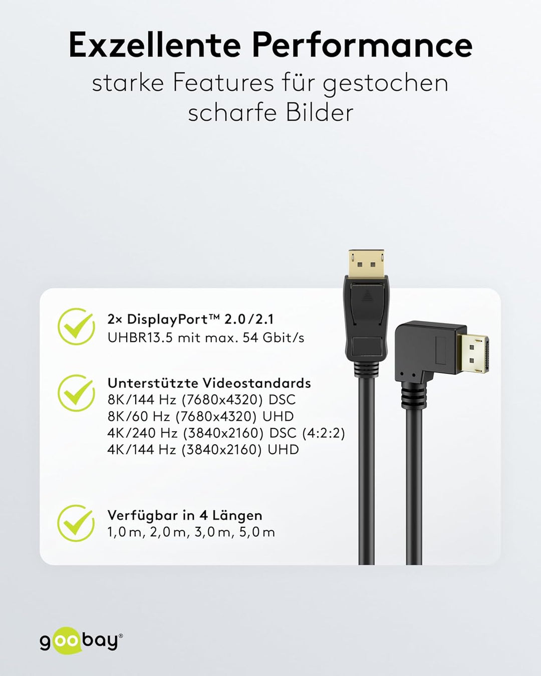 goobay DisplayPort-Kabel 2.0/2.1, 54 Gbit/s unterstützt FreeSync und G-Sync, HDCP 2.2, Dynamic HDR u