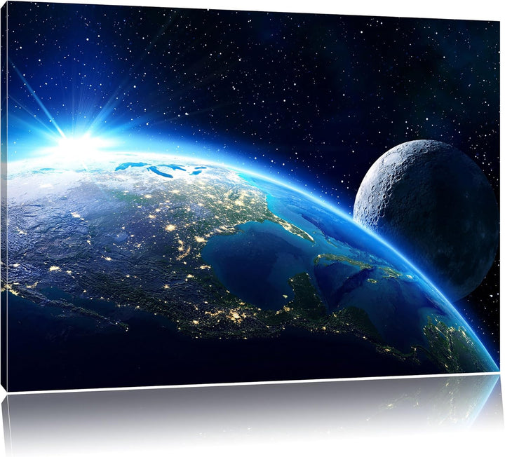Pixxprint Erde und Ihr Mond aus dem All als Leinwandbild/Grösse: 100x70 cm/Wandbild/Kunstdruck/ferti