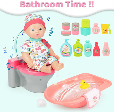 deAO Baby Puppen mit Lebensechten Funktion, 33cm Badepuppe mit Strampler Puppenbadewanne Bett Sitz,