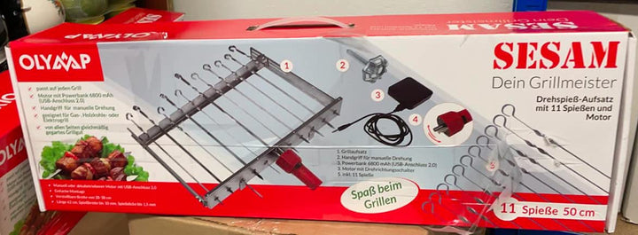 OLYMP Mehrfacher Drehspiess für 11 Spiesse SESAM mit Motor und Akku! L 62 cm, Breite regulierbar 24-