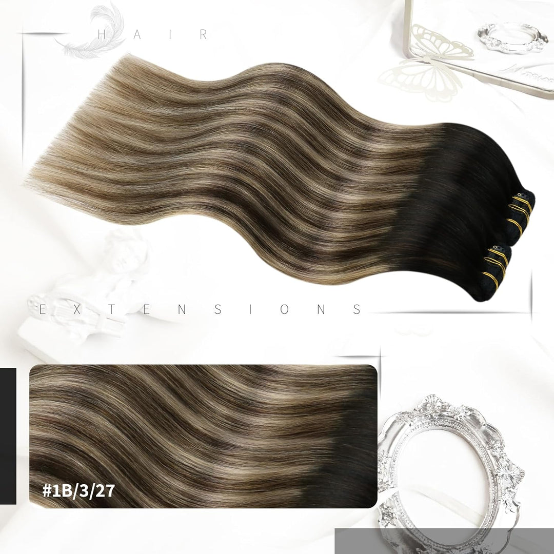 Moresoo Clip Extensions Echthaar Schwarz zu Braun Haarverlängerung Echthaar Clip in Extensions Schwa