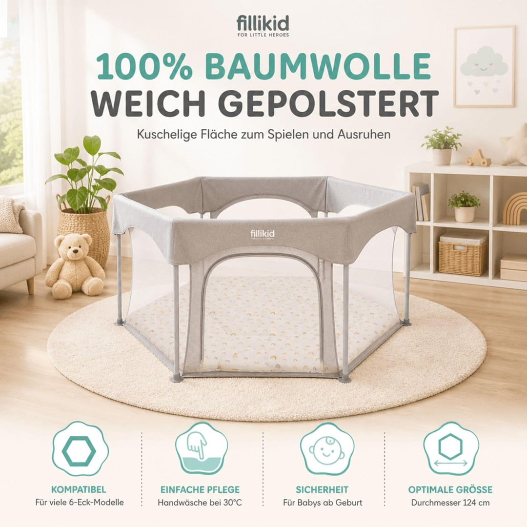 Fillikid Einlage Laufstall 6-eckig Exklusiv | Krabbeldecke Laufgitter 124 cm | Schutzeinlage Laufgit
