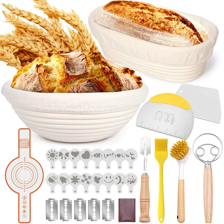 Gärkorb Brot Set, 10-teilig Sauerteig Starter Set, Gärkörbchen zum Brotbacken, 25cm Runde+23cm Ovale