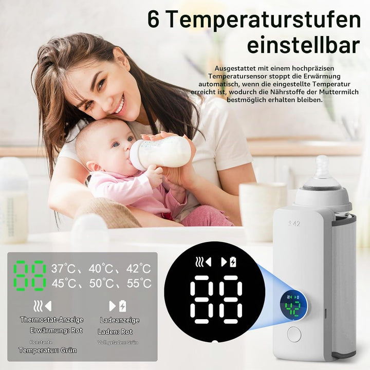 Flaschenwärmer, 6000 mAh Tragbarer Flaschenwärmer Baby Unterwegs mit 6 Einstellbare Temperatur und L