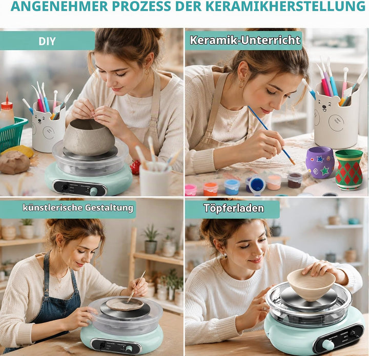Mini-Töpferscheibe,200R/min Elektrisch Töpferscheiben,12cm Drehteller Tonmaschine mit 8 Stück Bildha