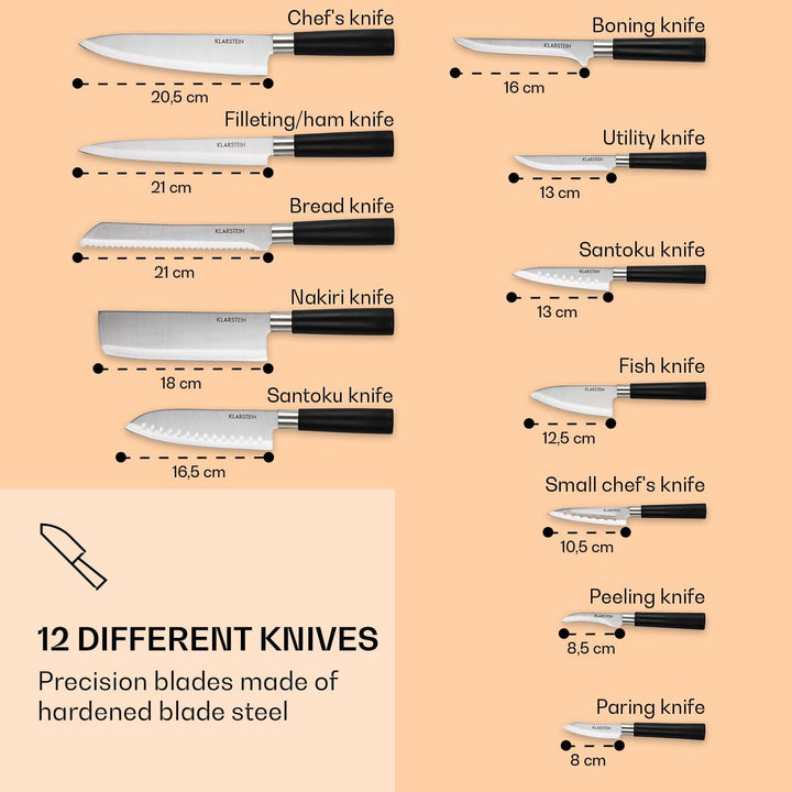 Klarstein Kitano Messerblock - Küchenmesser Set 13tlg, Messerblock mit Messer: 12 verschiedene Messe
