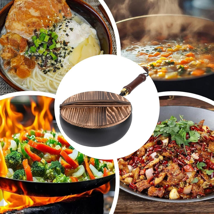 Wokpfanne - Gusseisen Bratwok - Ergonomische Unbeschichtete Eisenpfanne Mit Deckel Für Haushalt Outd