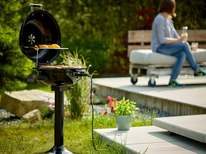 CUSIMAX Elektrogrill Standgrill mit Deckel und Standfuss, Regulierbare Temperatur und Fettauffangsch
