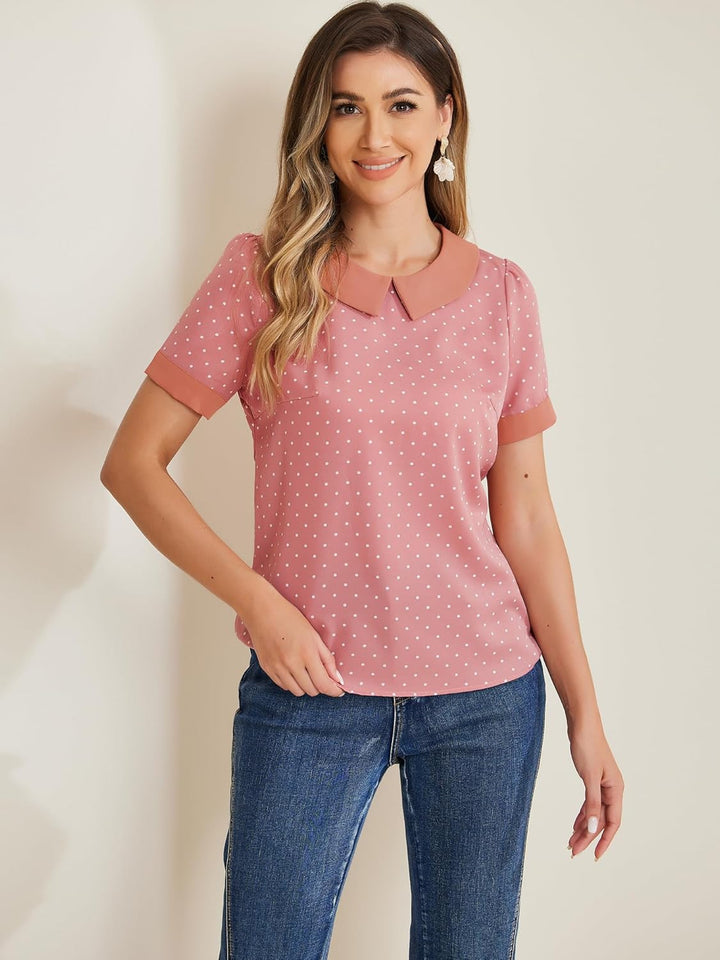 Allegra K Damen Kurzarm Bubikragen Punkte Oberteil Vintage Polka Dots Elegant Top Bluse XS Dunkelpin