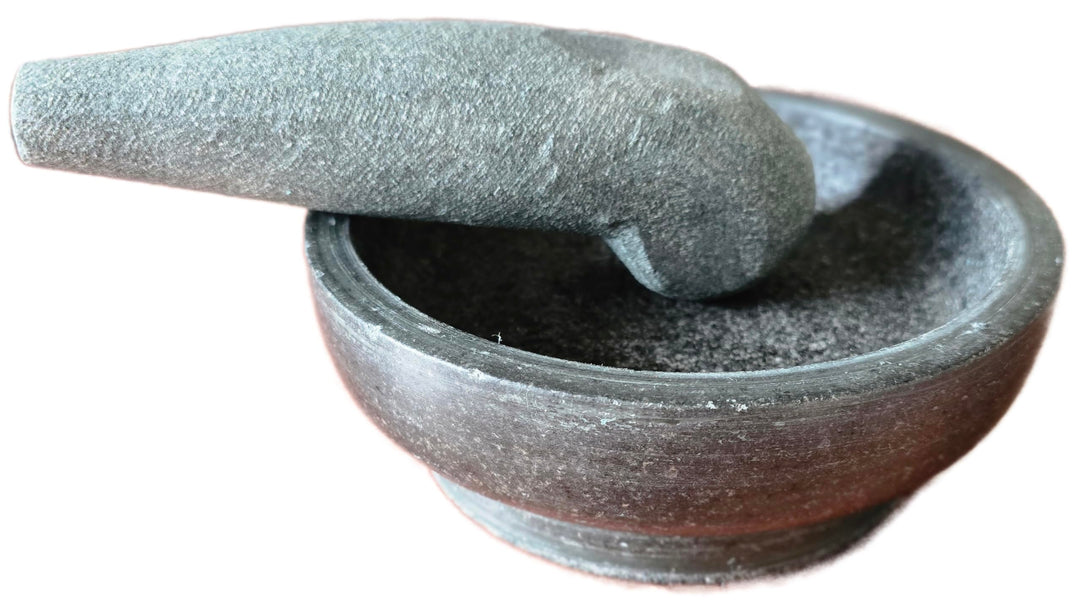 Mörser mit Stössel 18cm aus Granit, Tjobek Granitmörser Oelekan Steinmörser Indonesien