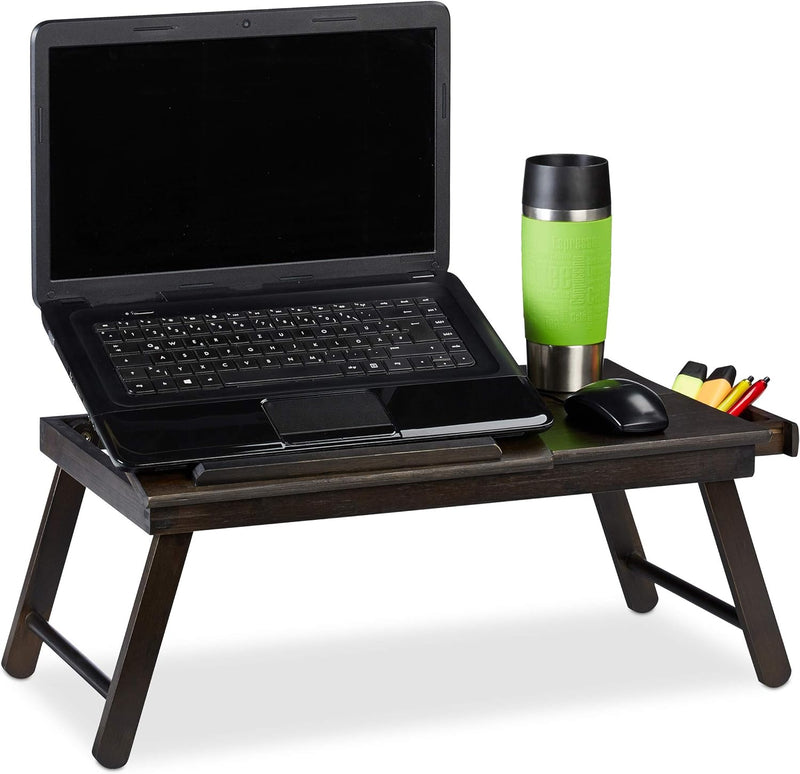 Relaxdays Bambus Laptoptisch, HBT: 25x60x35cm, höhenverstellbare Laptopablage, klappbar, mit Schubla