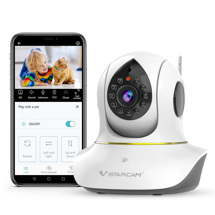 VSTARCAM 2K Überwachungskamera Innen, Interaktive Kamera für Hunde und Katzen mit Handy-App, 360° Li