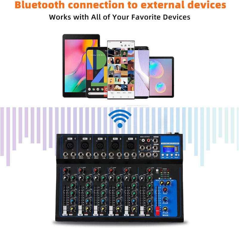 Depusheng HT7 Tragbarer Bluetooth-Audio-Mixer mit USB-DJ-Sound-Mischpult MP3-Buchse 48-V-Stromversor