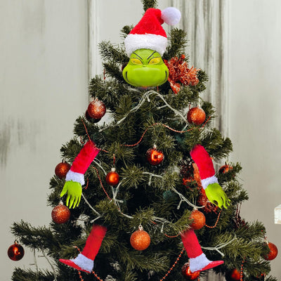 Grinch Weihnachtsbaumschmuck für Weihnachtsbäume unter 1.5m, Abnehmbarer Elfenkopf, Arme und Beine m