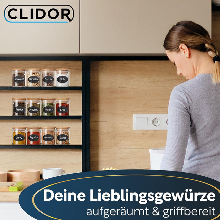 CLIDOR ® - runde Gewürzgläser - 12 x 125 ML ( innovative 3mm Glasdicke ) luftdichte Gewürzdosen - st