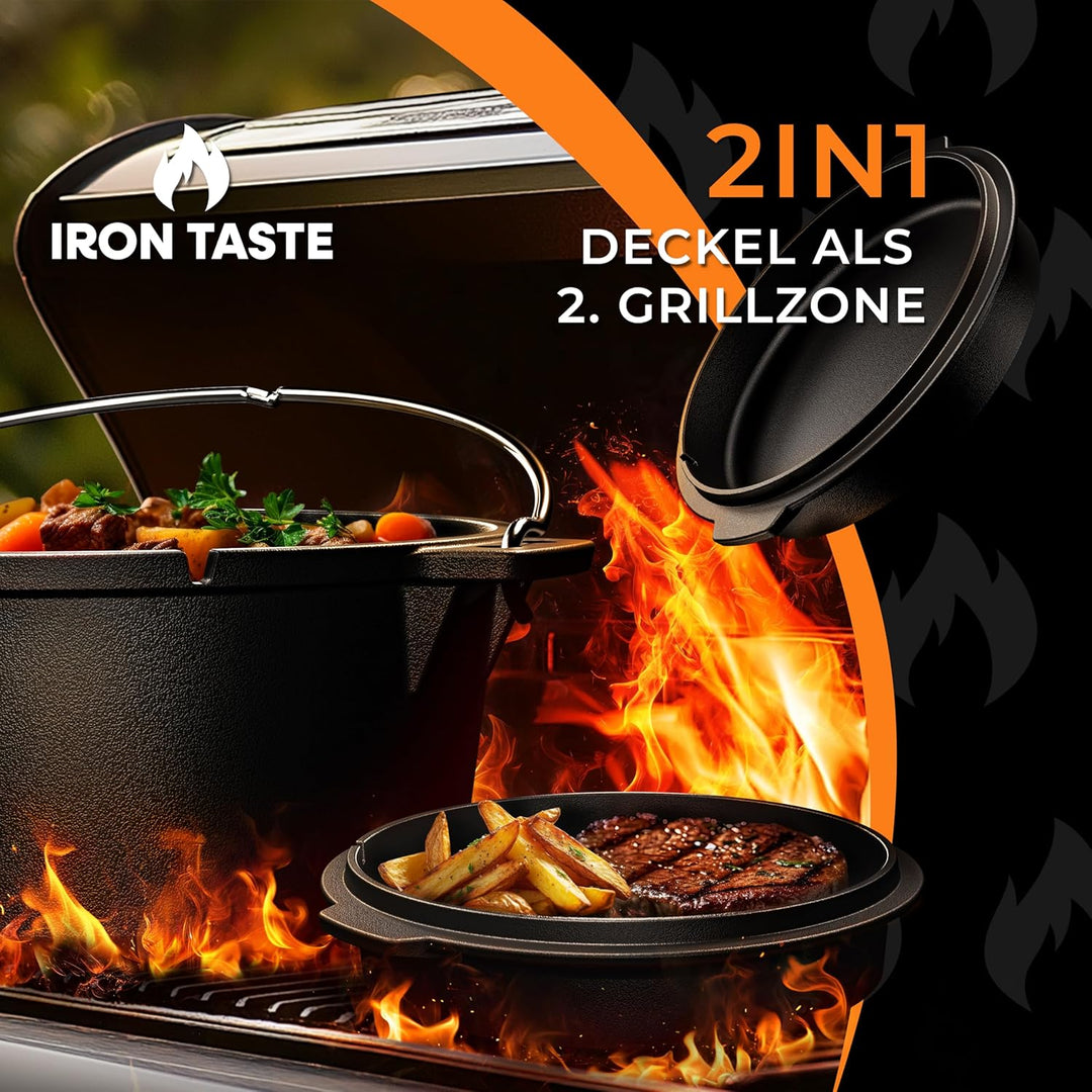 IRON TASTE Dutch Oven Set 12L - Eingebrannter Dutch Oven 12 Liter - Feuertopf Gusseiserner Topf mit