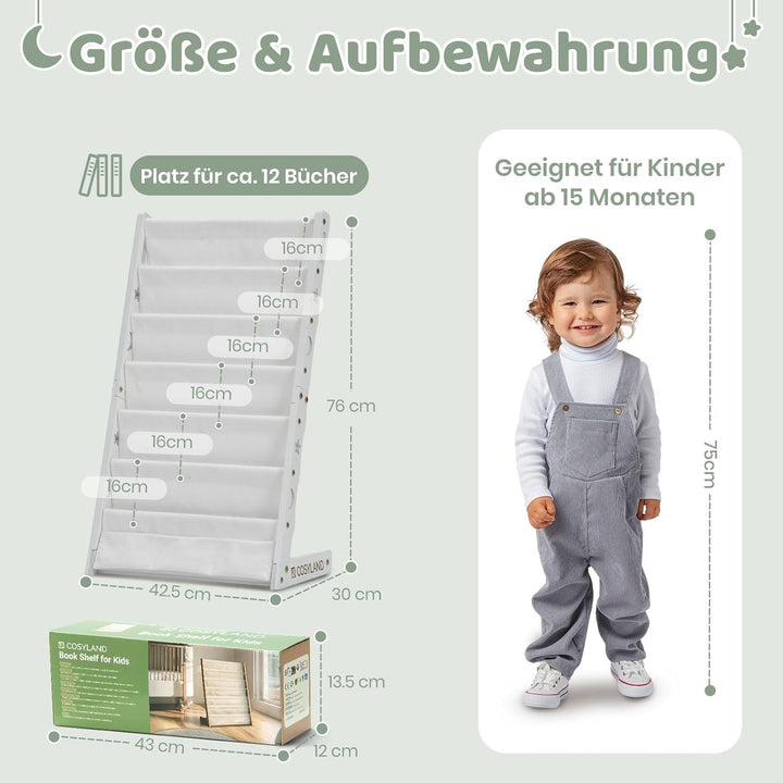 COSYLAND Bücherregal Kinder mit 6 Oxford-Stoff Fächern - Kinderbücherregal aus Naturholz - Bücherreg