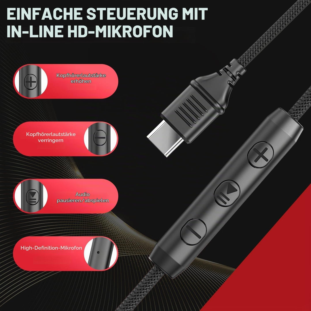 USB-C Kopfhörer mit Mikrofon und Lautstärkeregler, Over Ear Stereo Headsets für iPhone 15, 16 Pro, k