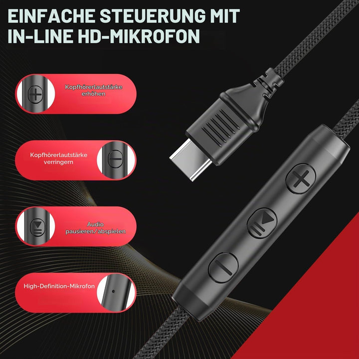 USB-C Kopfhörer mit Mikrofon und Lautstärkeregler, Over Ear Stereo Headsets für iPhone 15, 16 Pro, k