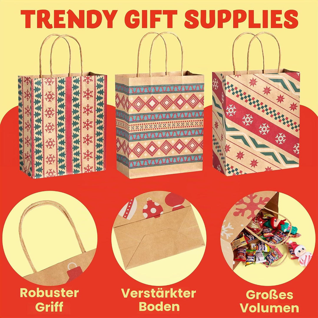JOYIN 24 Stück Weihnachten Geschenktüten mit verschiedenen Weihnachtsmotiven, Kraftpapiertüten Gesch