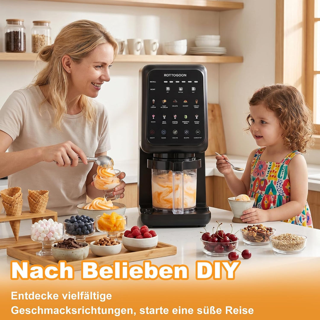 ROTTOGOON Eismaschine mit 3 Bechern 10 Programme für Eiscreme Sorbet Gelato & Frozen Yogurt 2-in-1 G