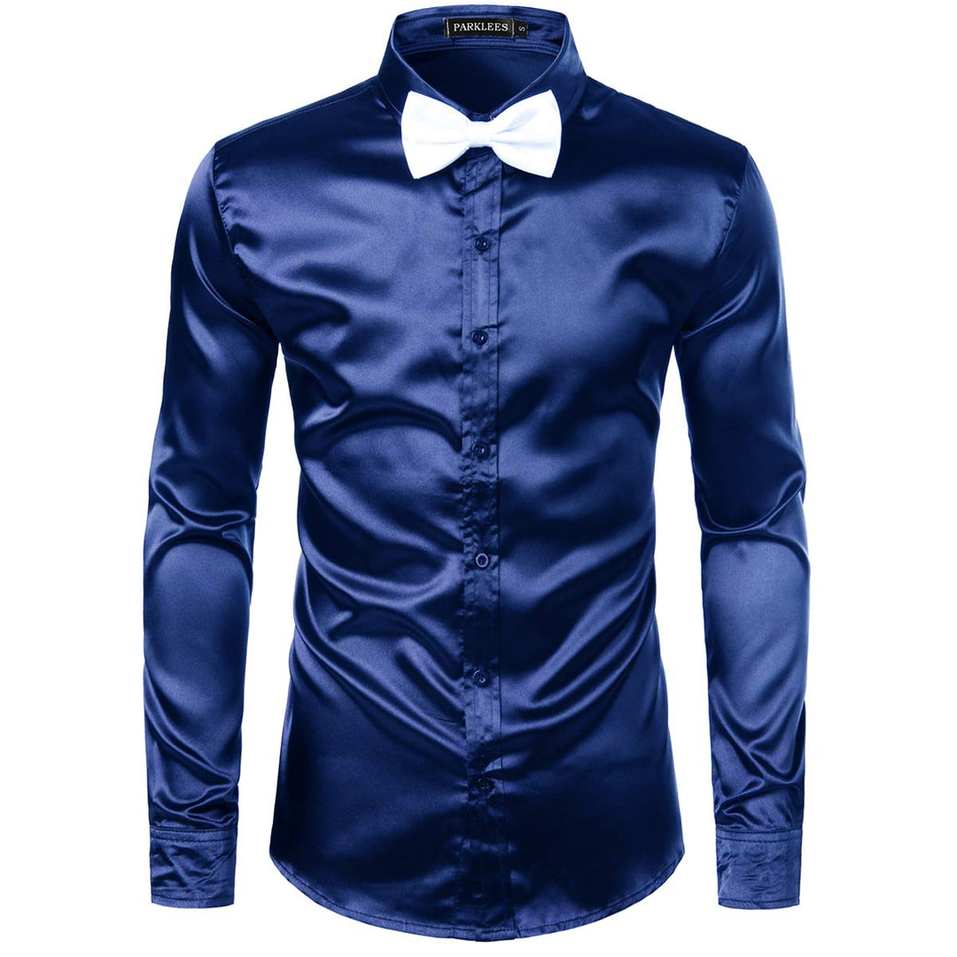 PARKLEES Herren Glänzend Slim Fit Satin Langarmhemd Frezeit Business Hemd für Party Nachtclub S Navy