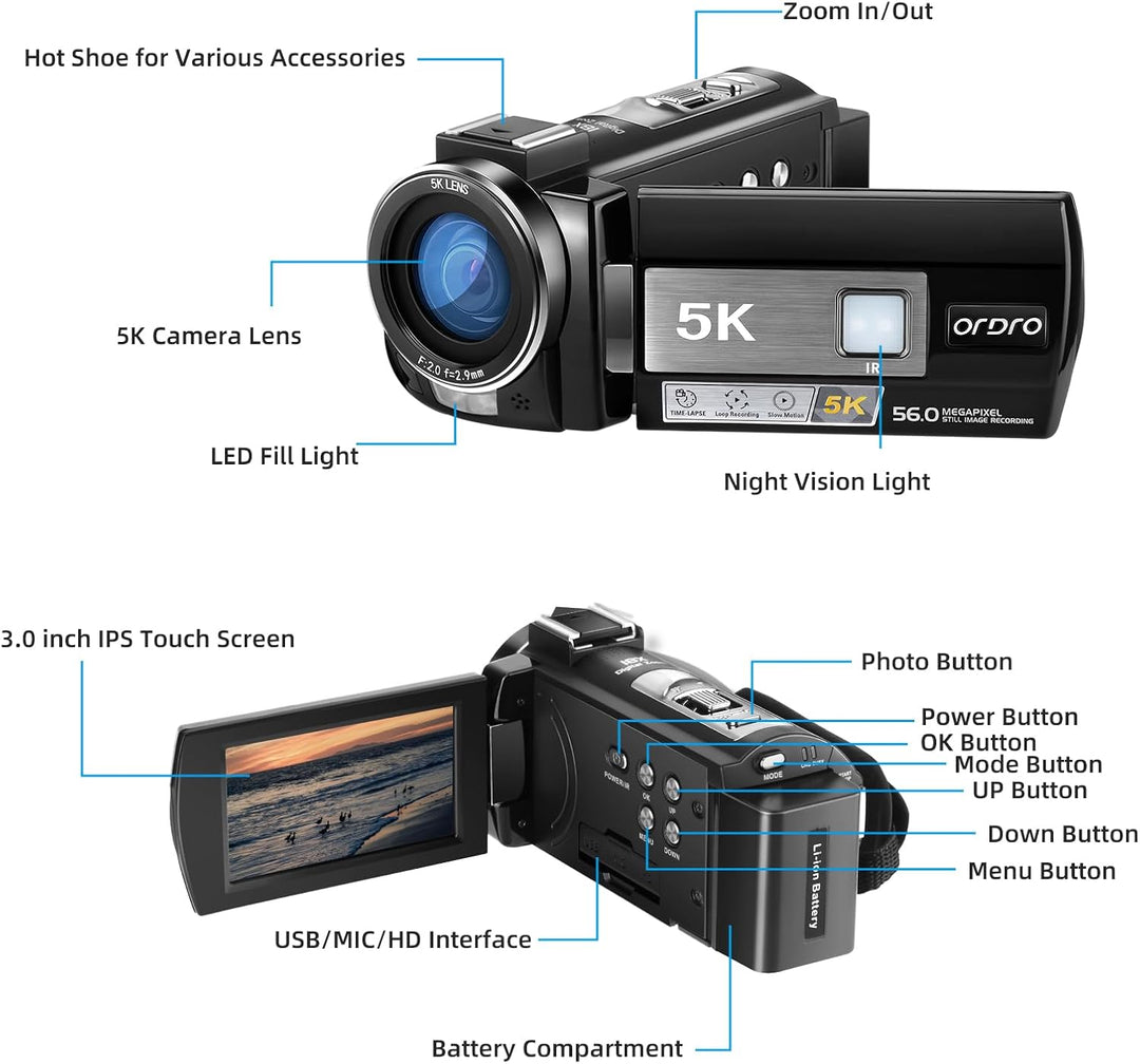 ORDRO AE20 5K Digitale Videokamera Vlogging-Kamera, 16X Digitalzoom Videokamera für Reisen YouTube,