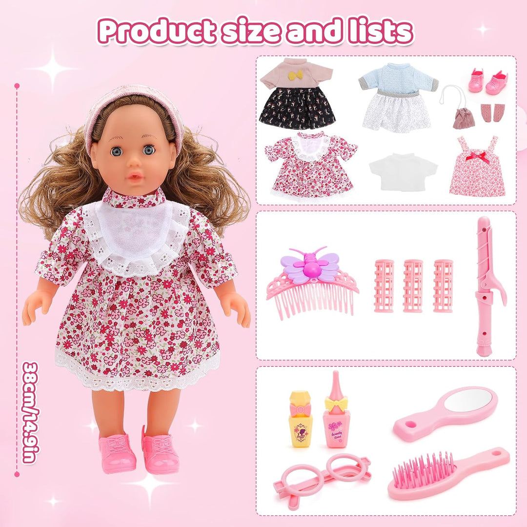 deAO Babypuppen-Spielset mit Zubehör, 38cm Puppe mit 4 Outfits und Puppenzubehör Spiegel Lockenstab
