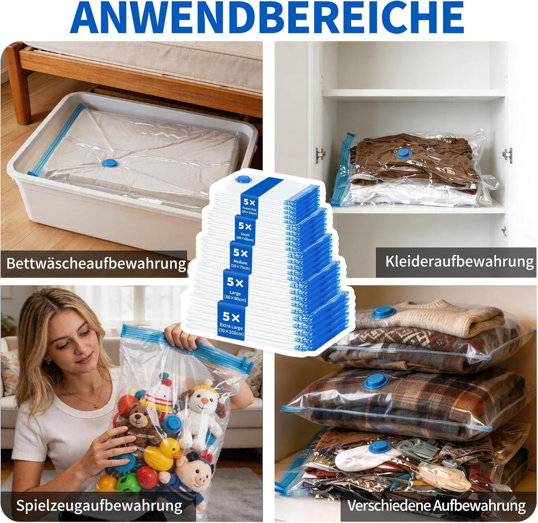 Gucass 25er Vakuumbeutel für Kleidung mit Pumpe, Grössenmix von S bis XXL Vakuumbeutel für Bettdecke