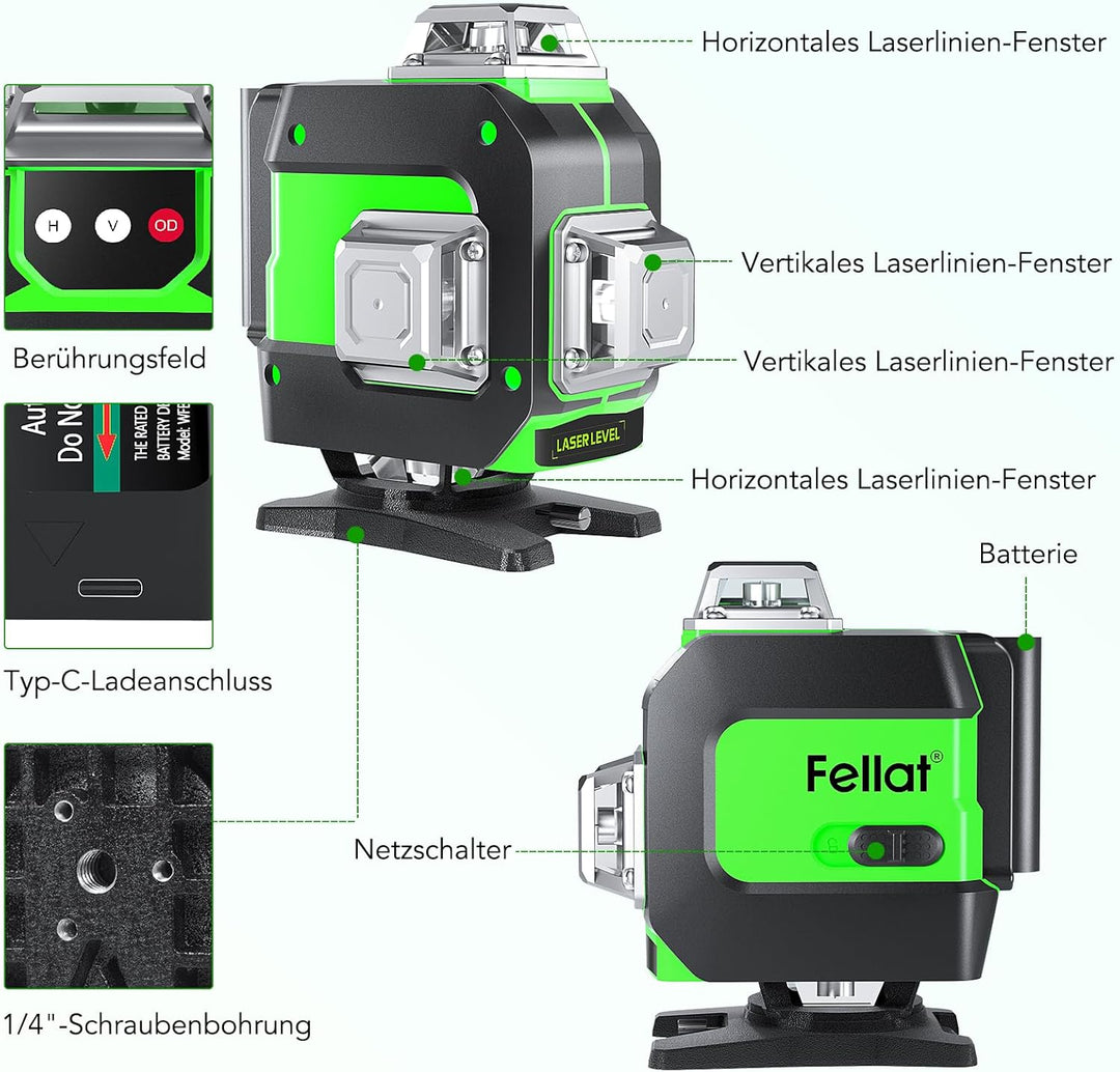 Kreuzlinienlaser 4x360°, FELLAT Grün Selbstnivellierend Laser Wasserwaage 16 Linienlaser Rotationsla