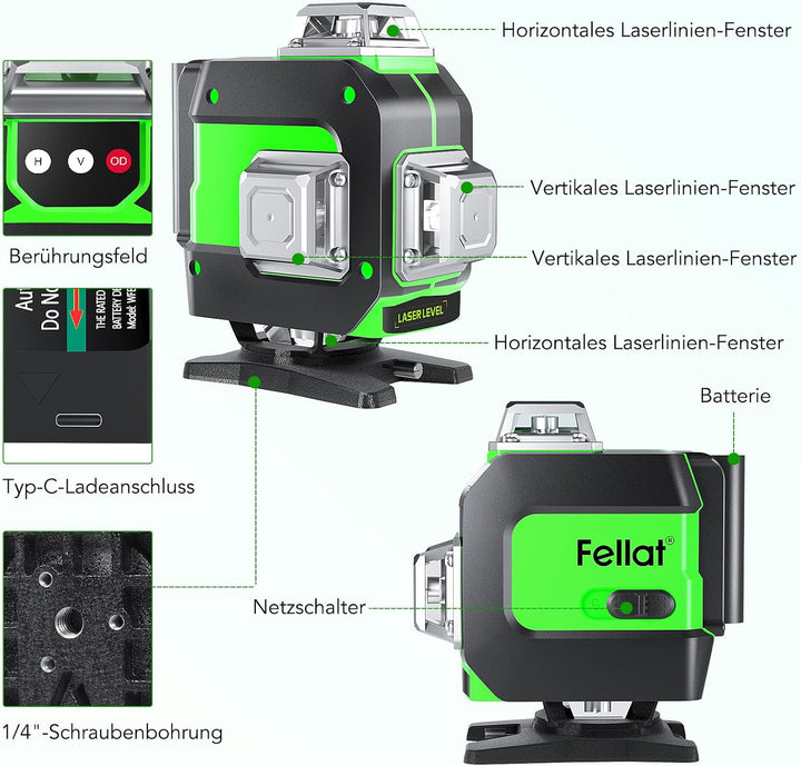 Kreuzlinienlaser 4x360°, FELLAT Grün Selbstnivellierend Laser Wasserwaage 16 Linienlaser Rotationsla