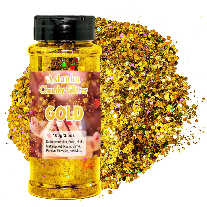 Gold Holographische Glitzer für Gesicht, Körper, Nagelkunst, Make Up, Haar, Slime und Basteln DIY, G