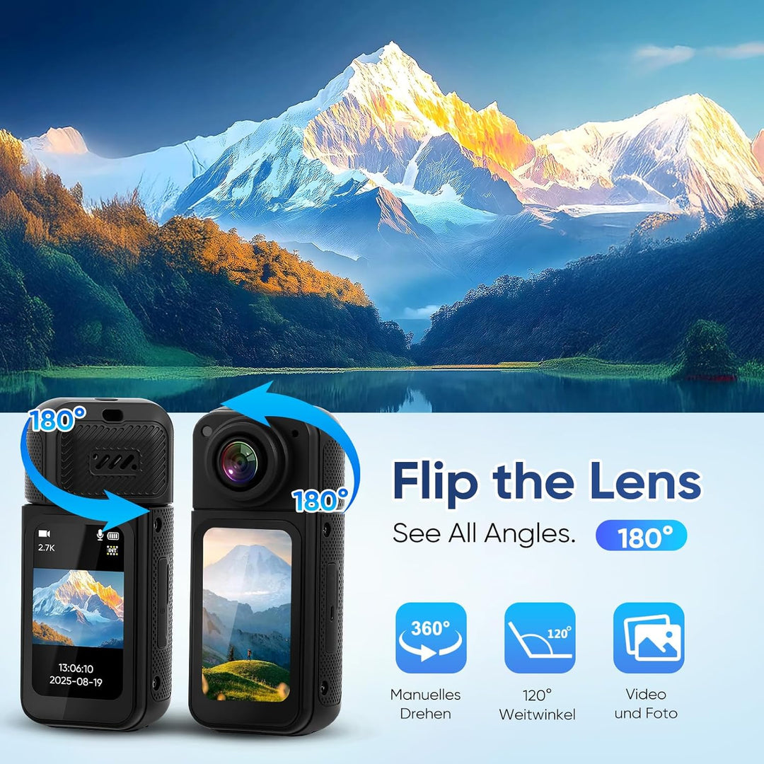 WiFi Action Cam 2.7K 1080P, 180° Drehbares 1,47-Zoll Display & APP-Steuerung, Sportkamera, Motorrad