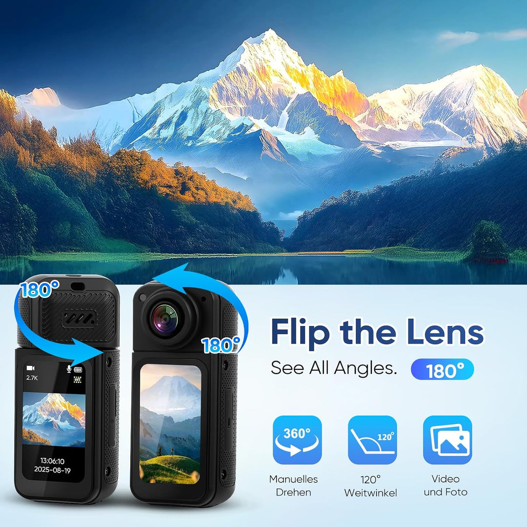 2.7K Mini Action Cam, Bodycam mit 1,47" Display &amp; 180° Linse | Inkl. 64GB Karte, Magnet &amp; Umhängeban