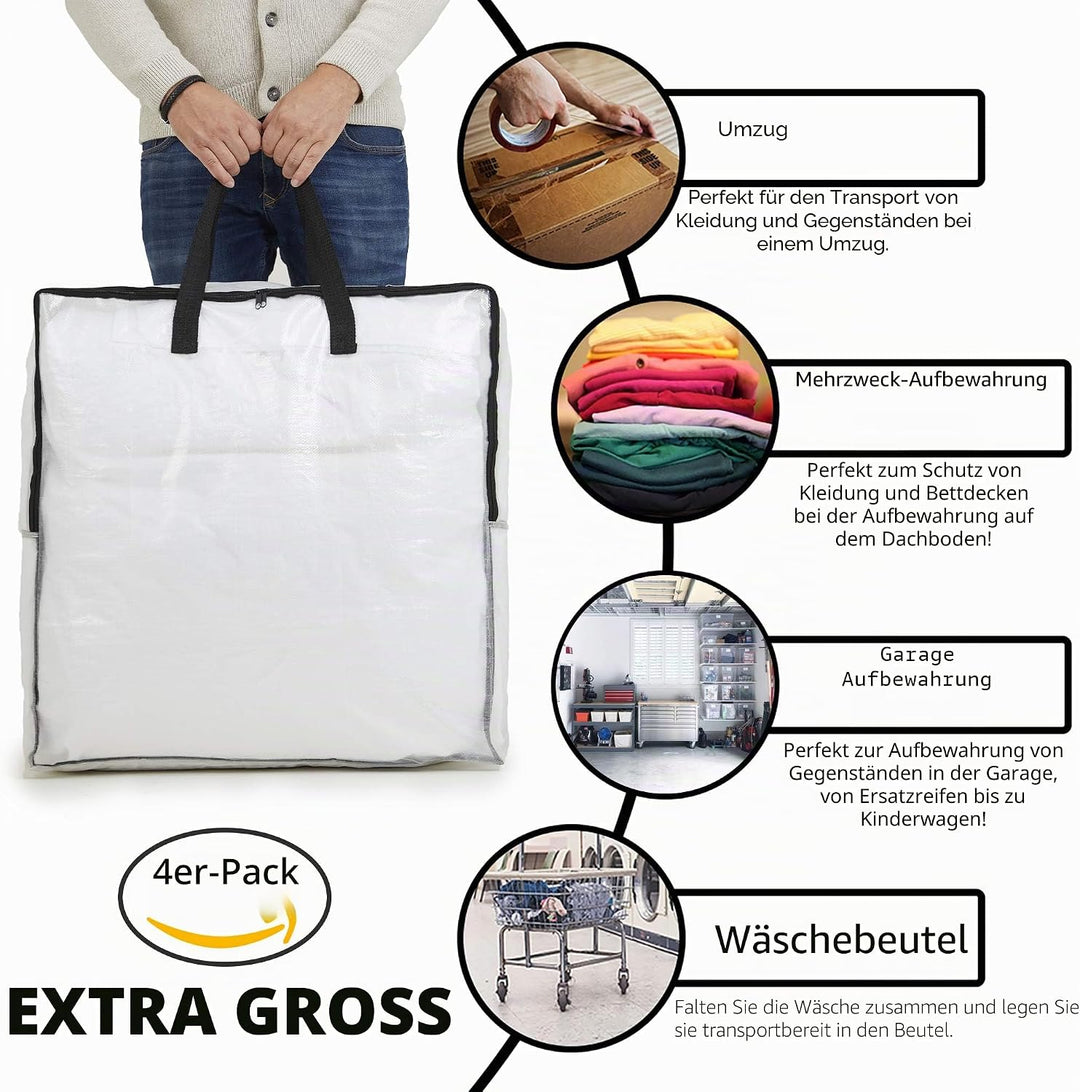 DECO EXPRESS Wäschesack Gross Mit Reissverschluss XXL, 4er Pack Aufbewahrungstasche Für Kleidung, Be
