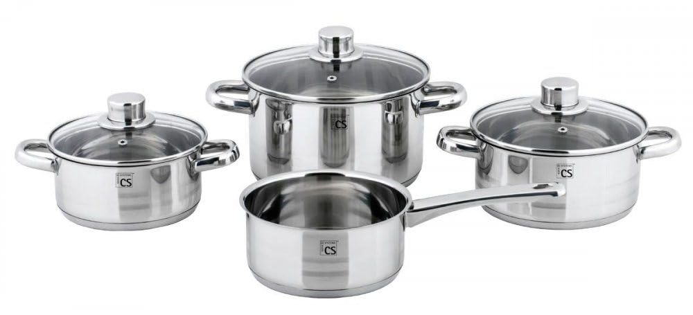 KOCHTOPF-SET mit Glasdeckel 7-teilig Edelstahl rostfrei, hochglänzend mit satinierten Streifen und K