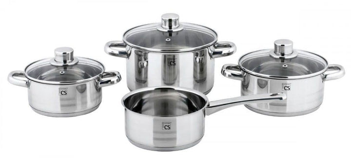 KOCHTOPF-SET mit Glasdeckel 7-teilig Edelstahl rostfrei, hochglänzend mit satinierten Streifen und K