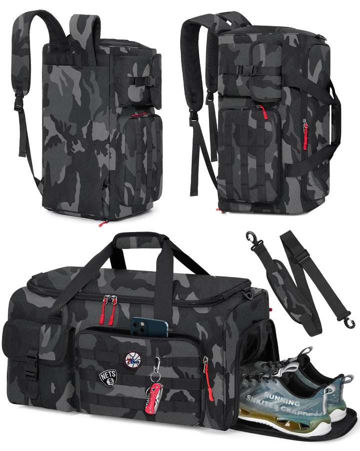 RAINSMORE 3 IN 1 Sporttasche Herren 45L Reisetasche Rucksackfunktion Handgepäck mit Schuhfach Latopf