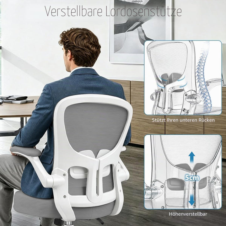 Durrafy Ergonomischer Bürostuhl Schreibtischstuhl mit Hochklappbaren Armlehnen,Verstellbarer Lendenw