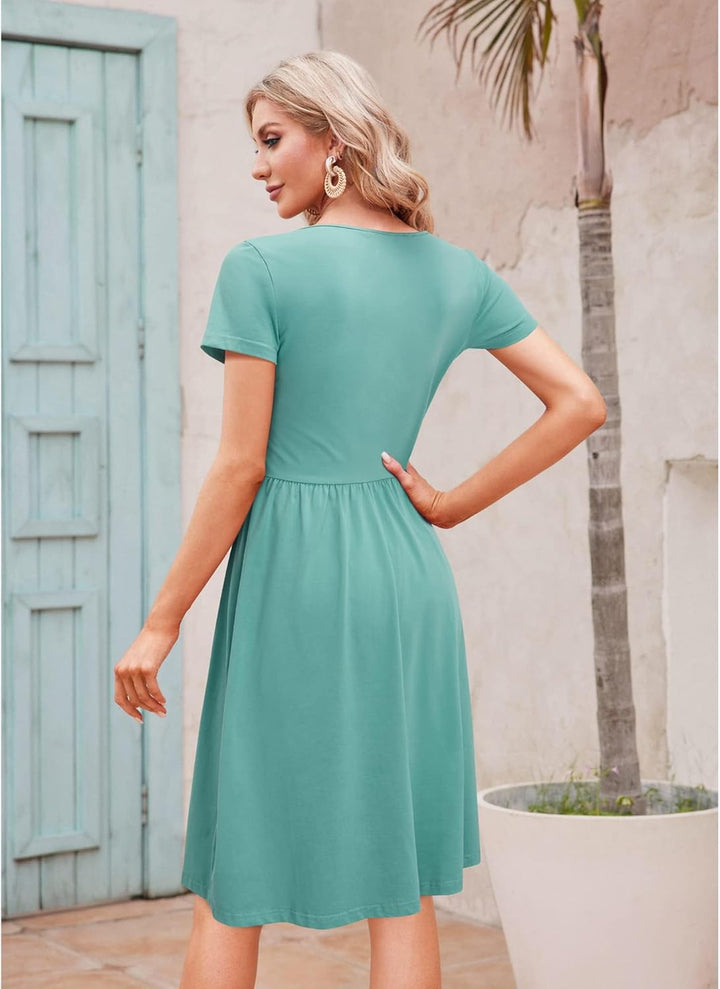 OUGES Sommerkleid Damen Casual Kleid V-Ausschnitt Midi Kleider Knopfleiste Freizeitkleid mit Taschen