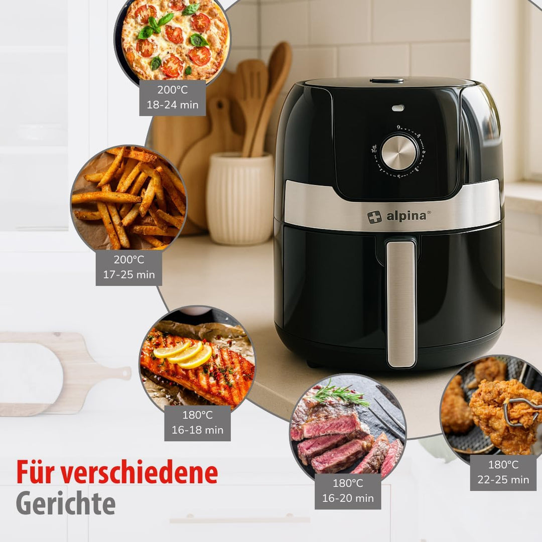 alpina Airfryer 3,5L - Heissluftfritteuse 1400W - Temperatur Einstellbar von 80 bis 200 °C - für 3 b